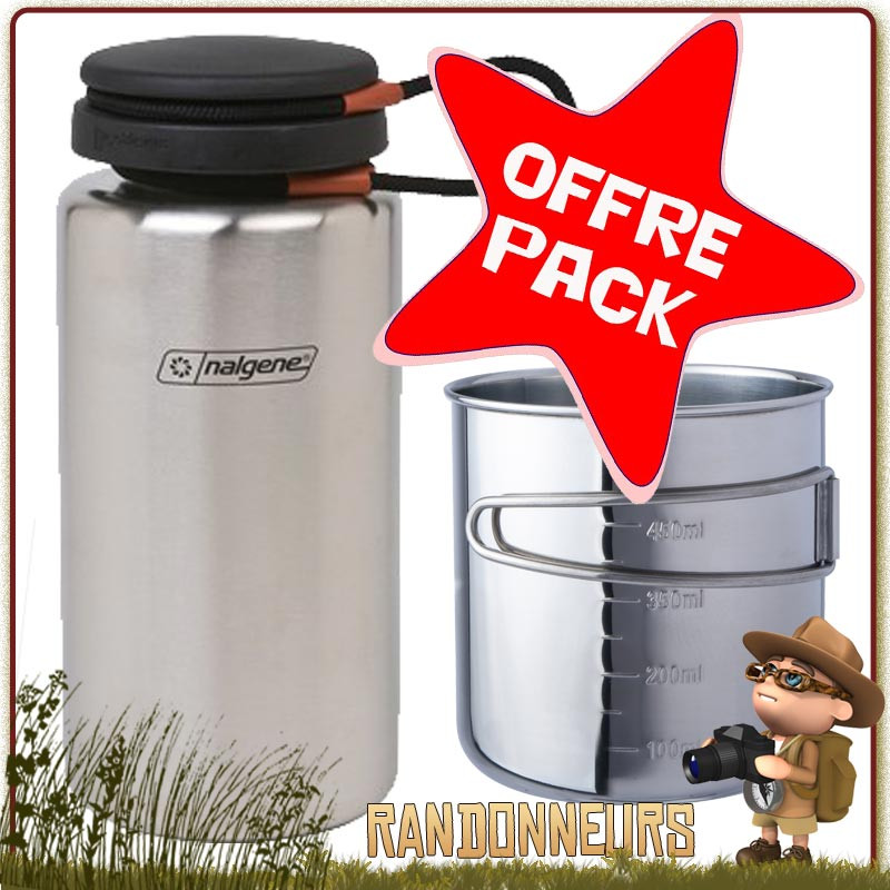 Set Gourde Nalgene Inox STANDARD avec Quart acier inox 60 cl bushcraft